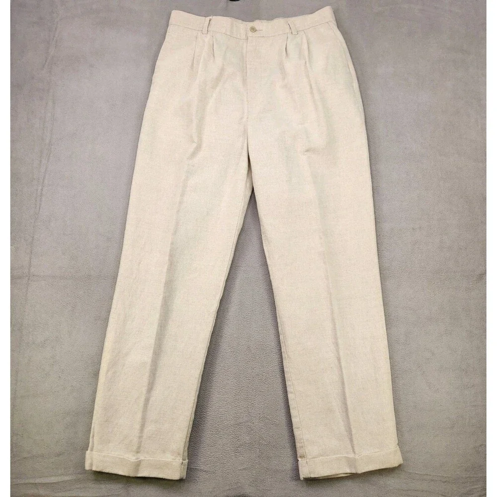 Dockers Linen Blend Pants Men's 34x32 Beige Pleated Cuffed Wrinkle Free Classic